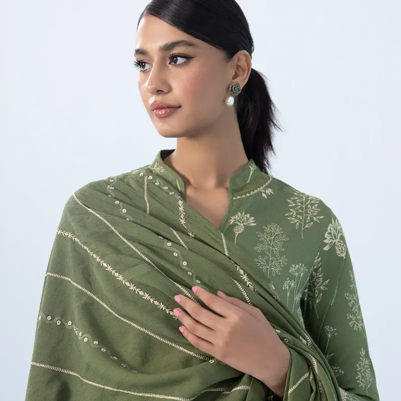 3 Piece - Embroidered Cotton Satin Suit