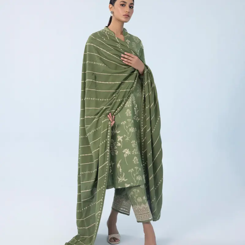 3 Piece - Embroidered Cotton Satin Suit