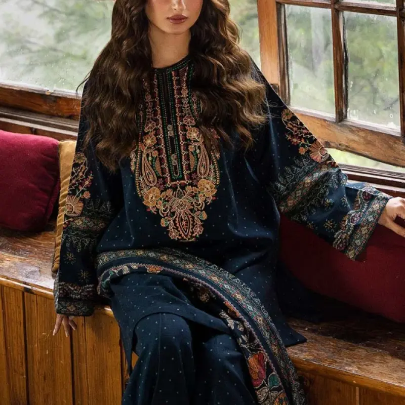 3PC Unstitched Khaddar Printed and Embroidered Front with Printed Shawl and Printed Trouser